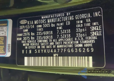 2015 Kia Sorento Ex V6 z USA, uszkodzony, nr VIN 5XYKU4A77FG636269